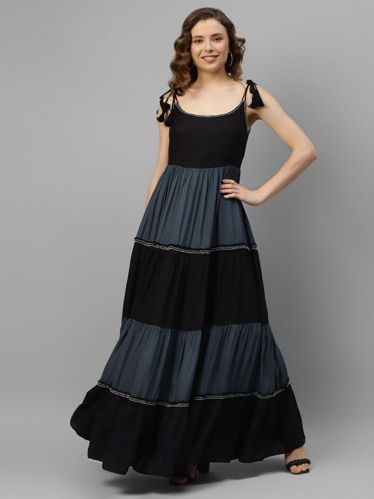 Women Indo Western Colourblocked Tiered Maxi Dress VitansEthnics