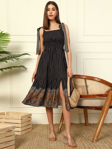 Women Indo Western Striped Fit & Flare Midi Dress VitansEthnics