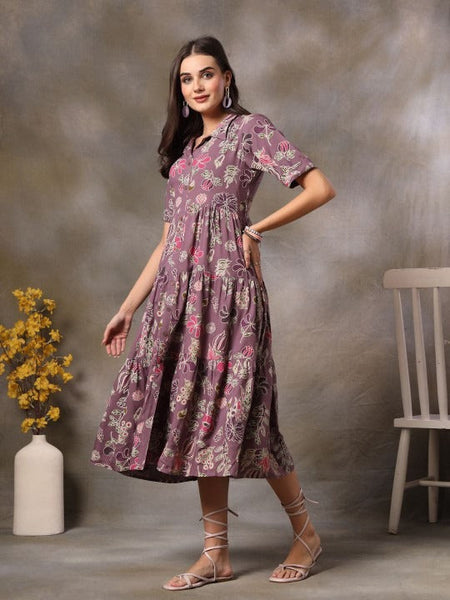Women Purple Floral Printed Fit & Flare Maxi Tiered Dress VitansEthnics