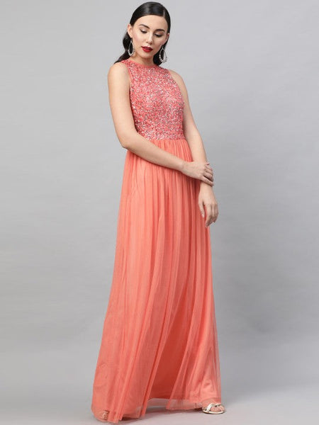 Women Orange Embellished Maxi Dress VitansEthnics