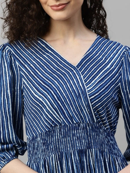 Women Striped V-Neck Puff Sleeve Smocked Tiered Maxi Dress VitansEthnics