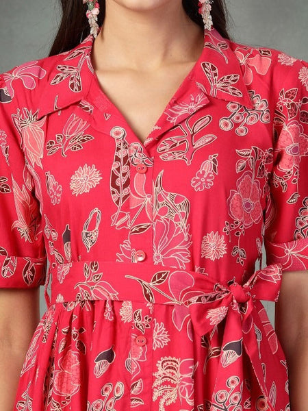 Women Red Tropical Print Fit & Flare Maxi Dress VitansEthnics