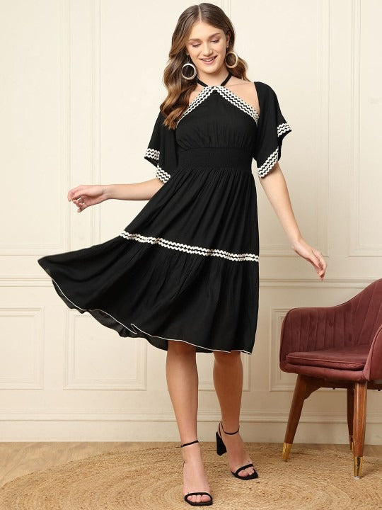Women Indo Western Halter Neck Bell Sleeve Fit & Flare Midi Dress L / Black