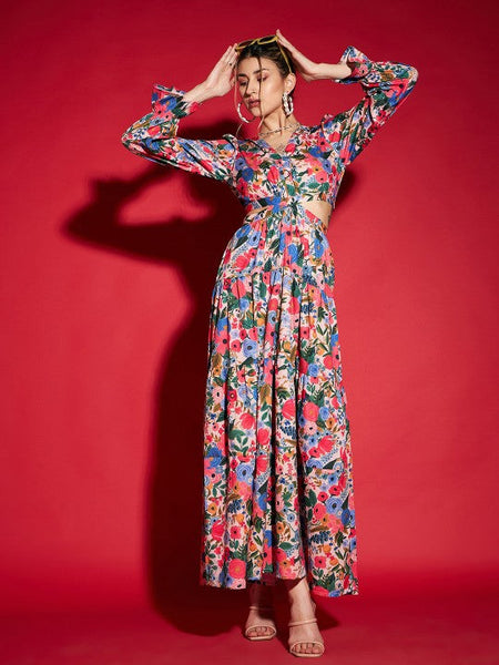 Women Blue Floral Printed Cut Out Crepe Maxi Dress VitansEthnics