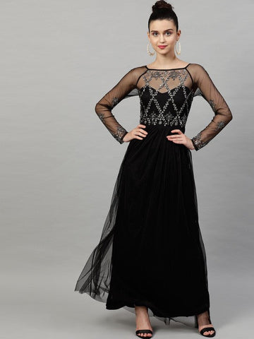Women Black Net Embellished Detail Maxi Dress VitansEthnics