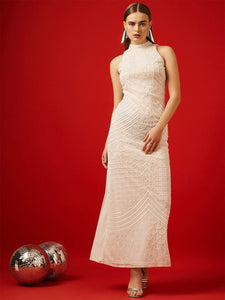 Women White Halter Neck Embellished Net Maxi Dress VitansEthnics
