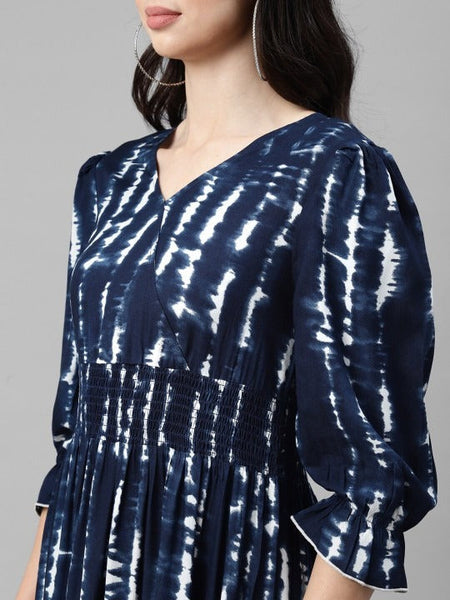 Women Navy Blue Ethnic Motifs Print Maxi Dress VitansEthnics