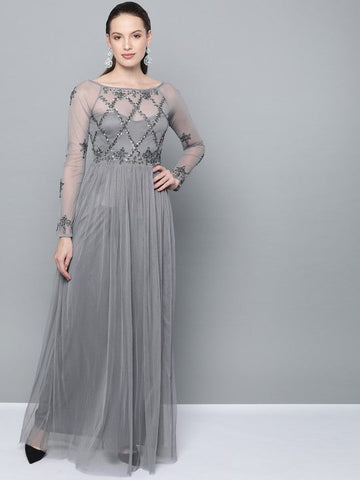 Women Grey Net Embellished Detail Maxi Dress VitansEthnics