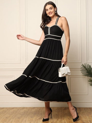 Women Indo Western Shoulder Straps Midi Fit and Flare Dress VitansEthnics