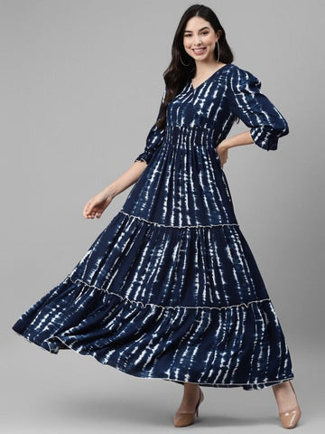 Women Navy Blue Ethnic Motifs Print Maxi Dress VitansEthnics