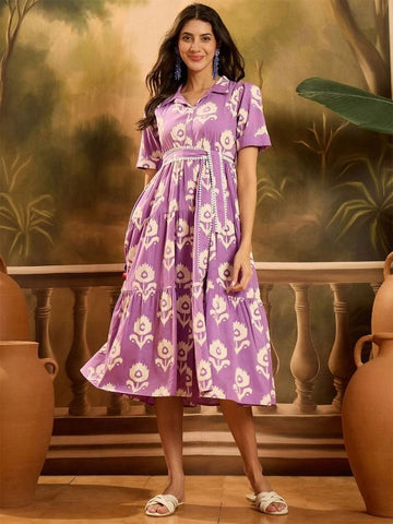 Women Ethnic Motifs Printed Cotton Tiered Fit & Flare Midi Dress VitansEthnics