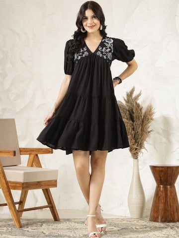 Women Black Embroidered Flared A-Line Dress VitansEthnics