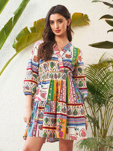 Women Ethnic Motif Printed Pure Cotton Fit and Flare Dress VitansEthnics