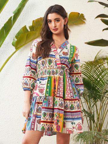 Women Ethnic Motif Printed Pure Cotton Fit and Flare Dress VitansEthnics