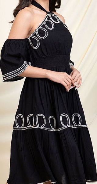 Women Indo Western Halter Neck Bell Sleeve Fit & Flare Midi Dress VitansEthnics