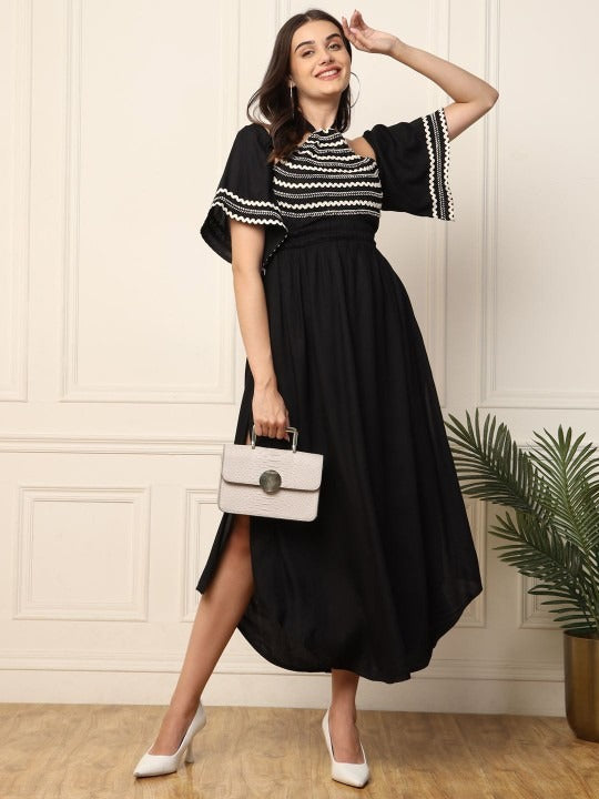 Women Indo Western Halter Neck Bell Sleeve Maxi Dress XS / Black Women Indo Western Halter Neck Bell Sleeve Maxi Dress XS / Black