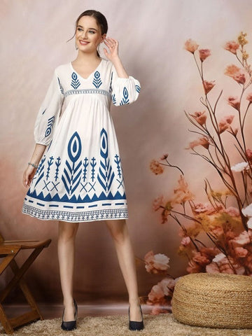 Women Bohemian Print Puff Sleeve Fit & Flare Dress VitansEthnics