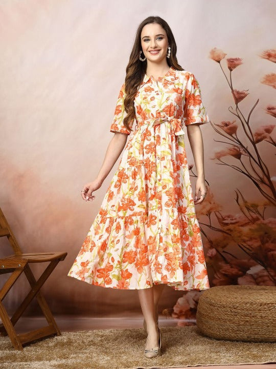 Women Floral Print Fit & Flare Maxi Dress S / Orange Women Floral Print Fit & Flare Maxi Dress S / Orange