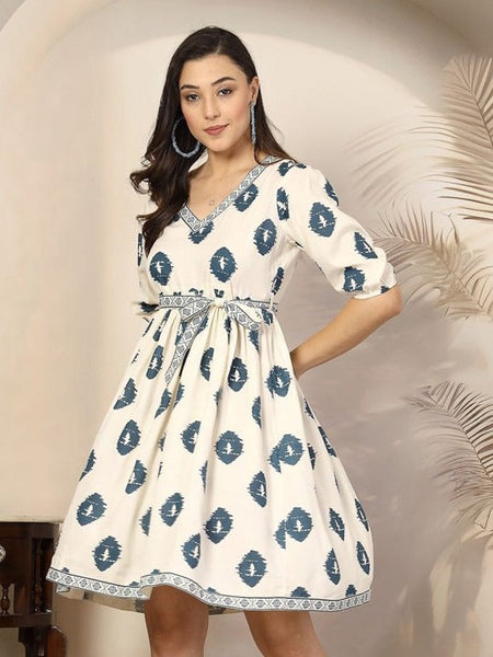 Women's Bohemian Print Puff Sleeve Fit & Flare Dress VitansEthnics
