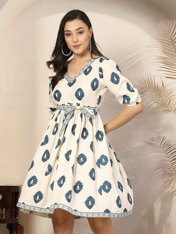 Women's Bohemian Print Puff Sleeve Fit & Flare Dress VitansEthnics