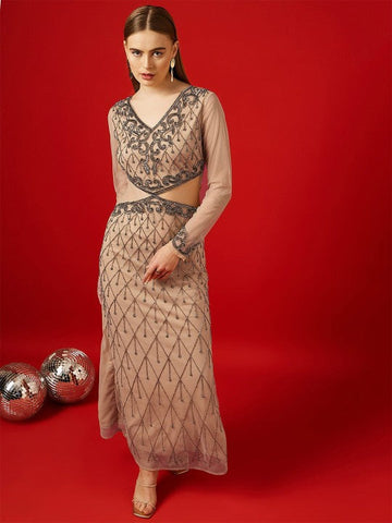 Women Embellished Long Sleeves Net Maxi Dress VitansEthnics