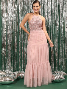 Women Embellished Halter Neck Flounce A-Line Maxi Dress VitansEthnics