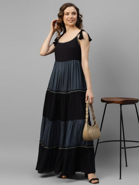 Women Indo Western Colourblocked Tiered Maxi Dress VitansEthnics