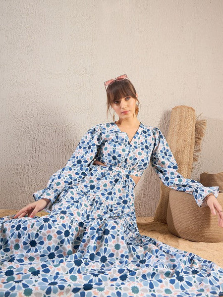 Women Teal Blue Floral Printed V Neck Cut Out Tiered Maxi Dress VitansEthnics