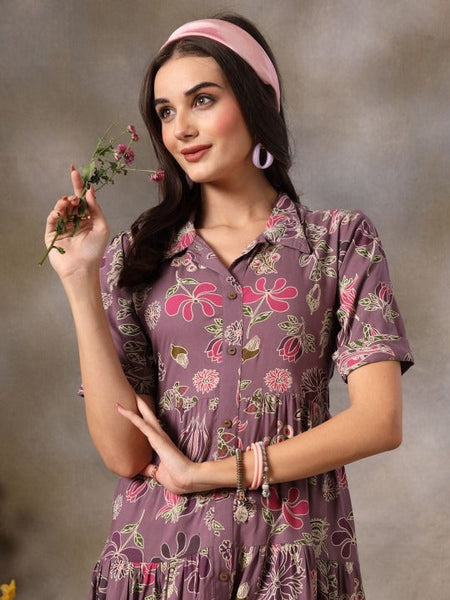 Women Purple Floral Printed Fit & Flare Maxi Tiered Dress VitansEthnics