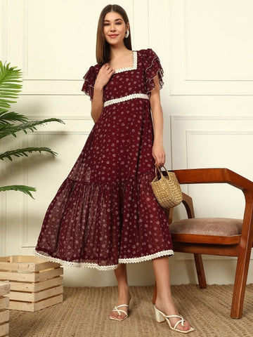 Women Floral Printed Georgette Fit & Flare Midi Dress VitansEthnics