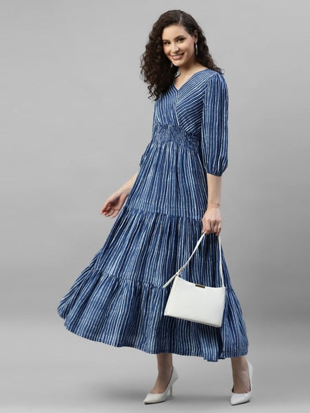 Women Striped V-Neck Puff Sleeve Smocked Tiered Maxi Dress VitansEthnics