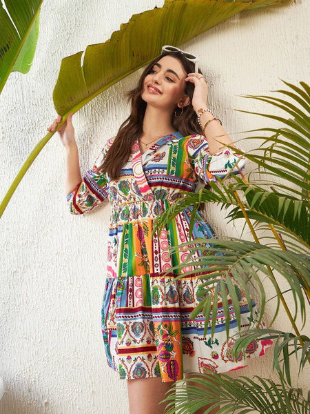 Women Ethnic Motif Printed Pure Cotton Fit and Flare Dress VitansEthnics