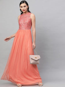 Women Orange Embellished Maxi Dress VitansEthnics