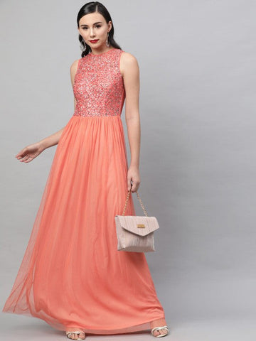 Women Orange Embellished Maxi Dress VitansEthnics