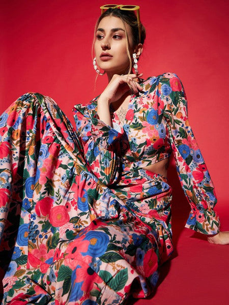 Women Blue Floral Printed Cut Out Crepe Maxi Dress VitansEthnics