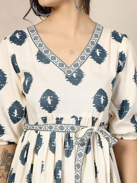 Women's Bohemian Print Puff Sleeve Fit & Flare Dress VitansEthnics