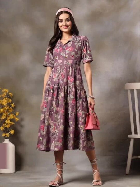 Women Purple Floral Printed Fit & Flare Maxi Tiered Dress VitansEthnics