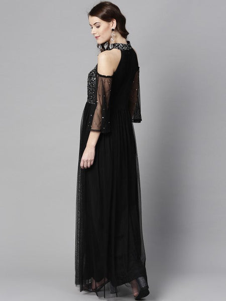 Women Black Solid Maxi Dress with Sequinned Detail VitansEthnics