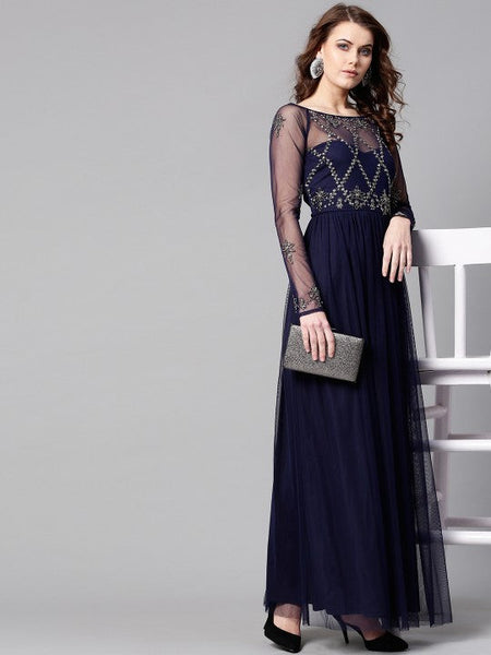 Women Navy Blue Net Embellished Detail Maxi Dress VitansEthnics