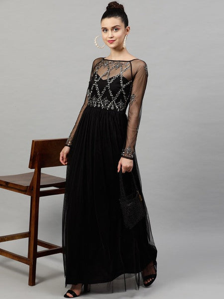 Women Black Net Embellished Detail Maxi Dress VitansEthnics
