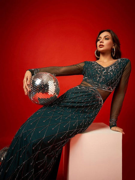 Women Embellished Long Sleeves Net Sheath Maxi Dress VitansEthnics