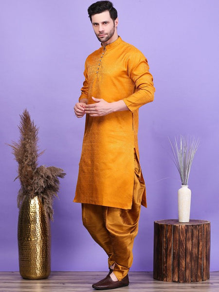 Yellow Ethnic Motifs Woven Design Mandarin Collar Straight Kurta with Patiala