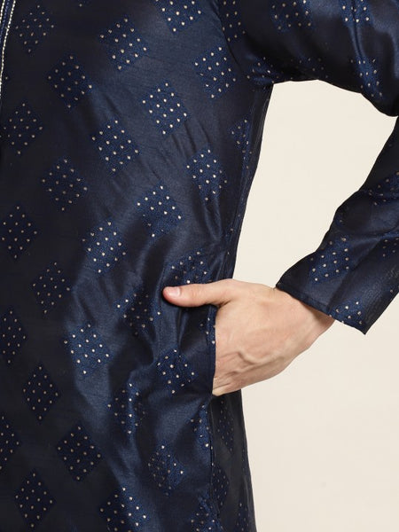 Men Navy Blue Ethnic Motifs Thread Work Kurta with Churidar