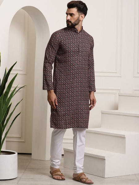 Men Black Ethnic Motifs Printed Pure Cotton Kurta with Churidar
