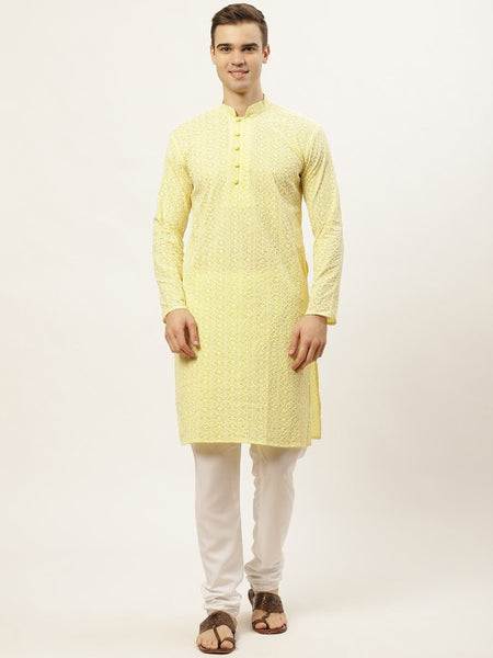 Men Yellow Thread Work Embroidered Chikankari Pure Cotton Kurta