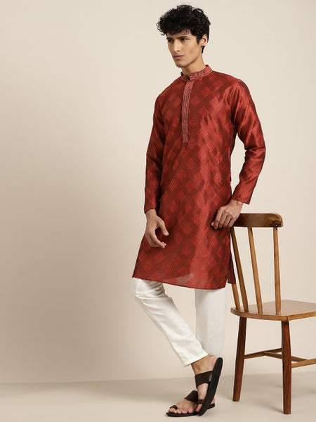 Men Maroon Self Design Kurta with Churidar