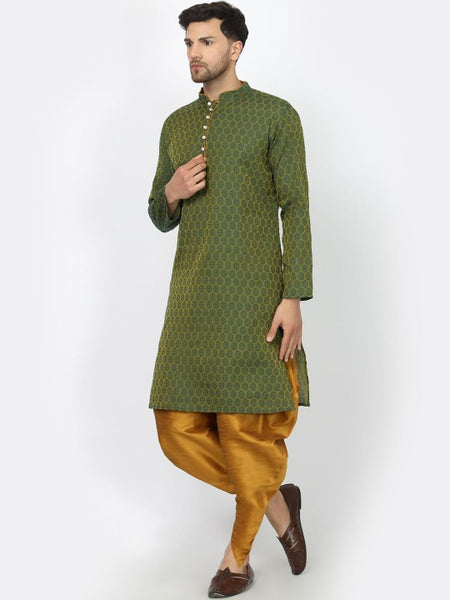 Green Ethnic Motifs Woven Design Mandarin Collar Jacquard Kurta with Dhoti Pants