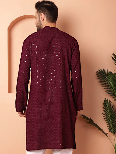Maroon Ethnic Motifs Embroidered Sequinned Mandarin Collar Straight Kurta