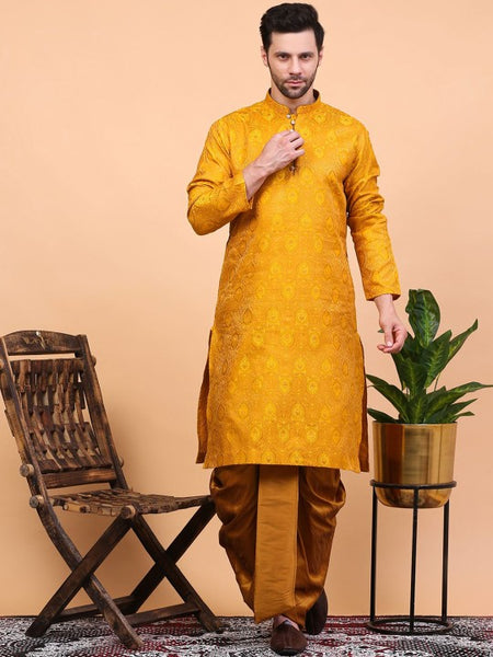 Yellow Ethnic Motifs Woven Design Regular Zari Kurta With Dhoti Pants