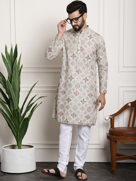 Ethnic Motifs Printed Band Collar Straight Kurta With Churidar
